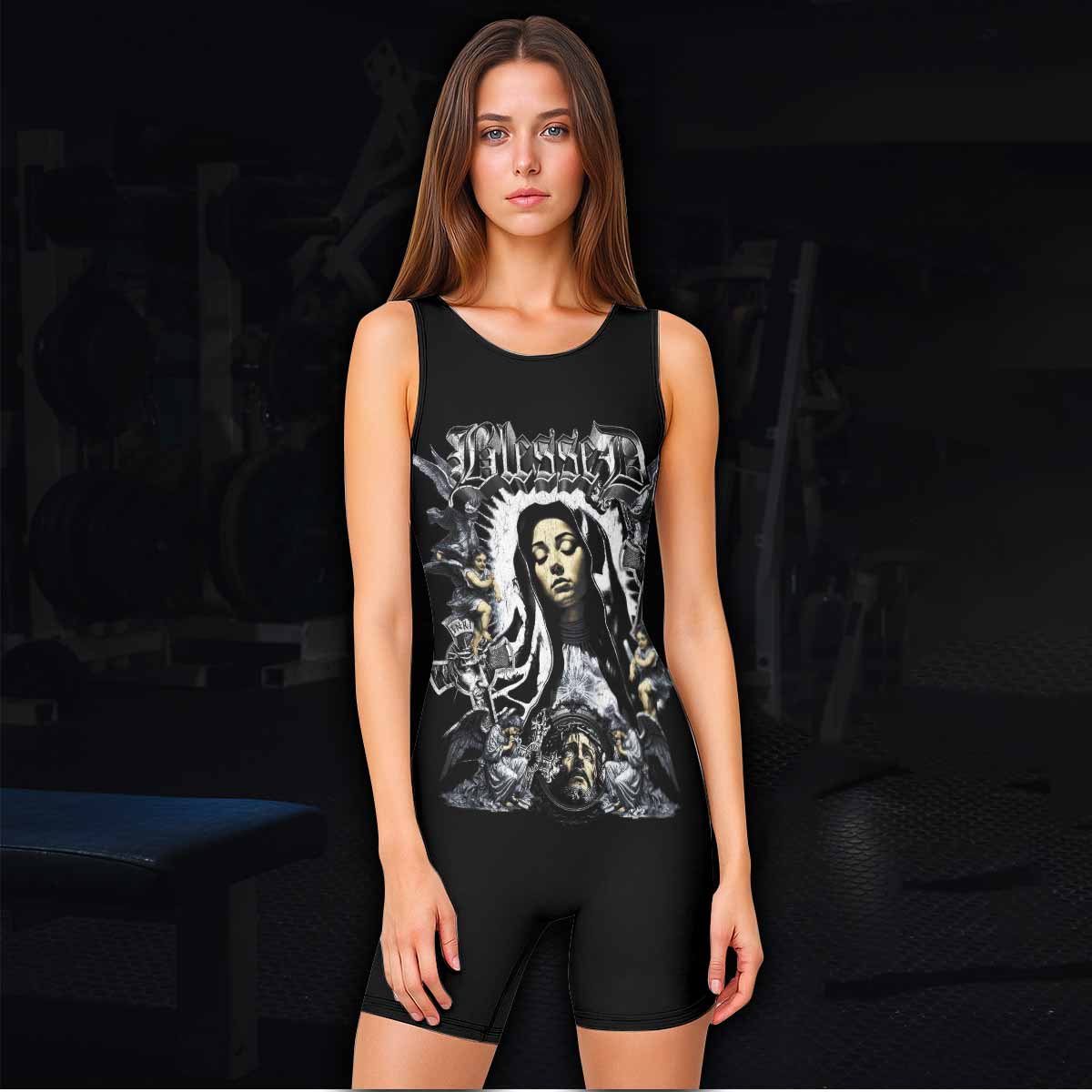 Blessed Saint Wrestling Singlet – women's lifestyle view