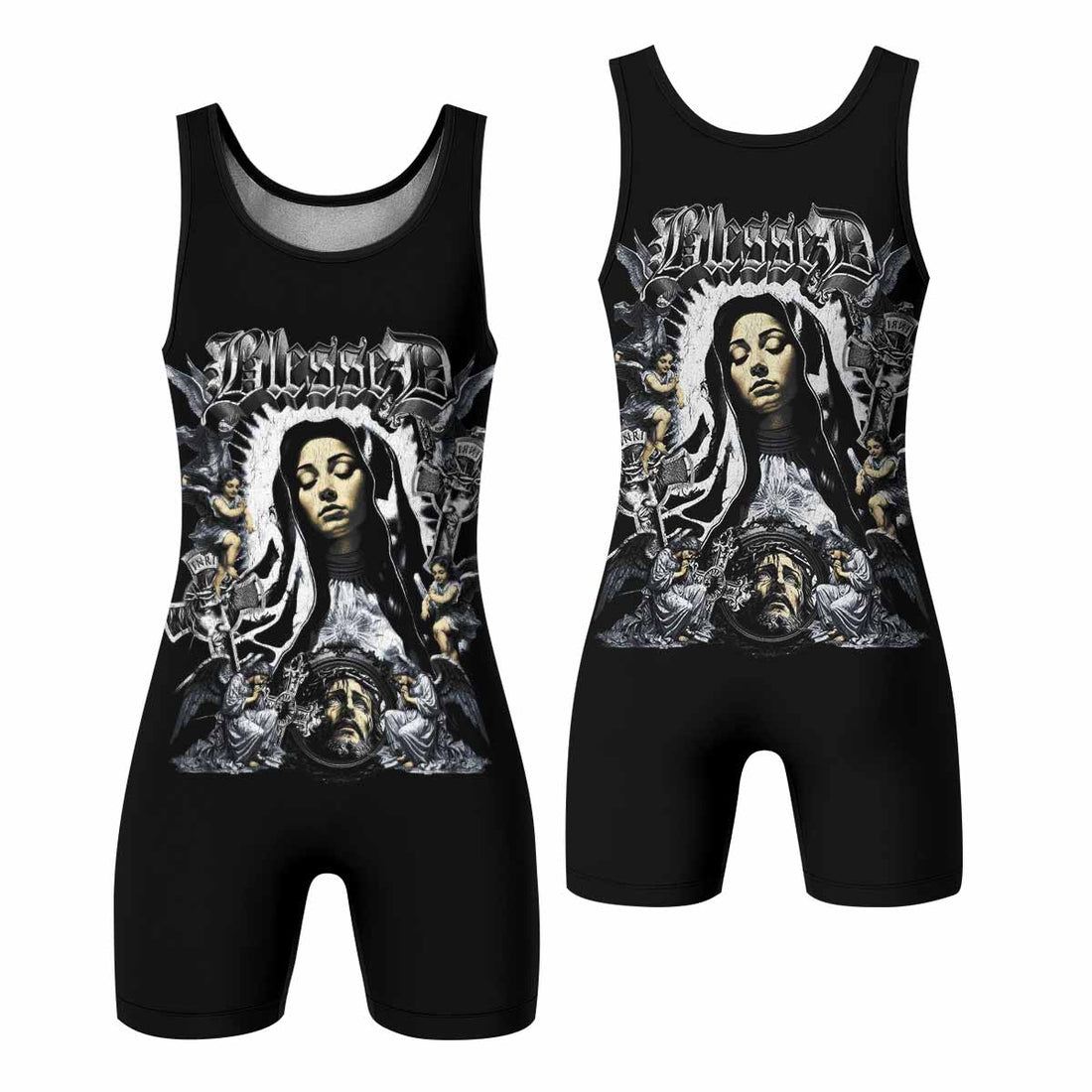 Blessed Saint Wrestling Singlet – front and back view