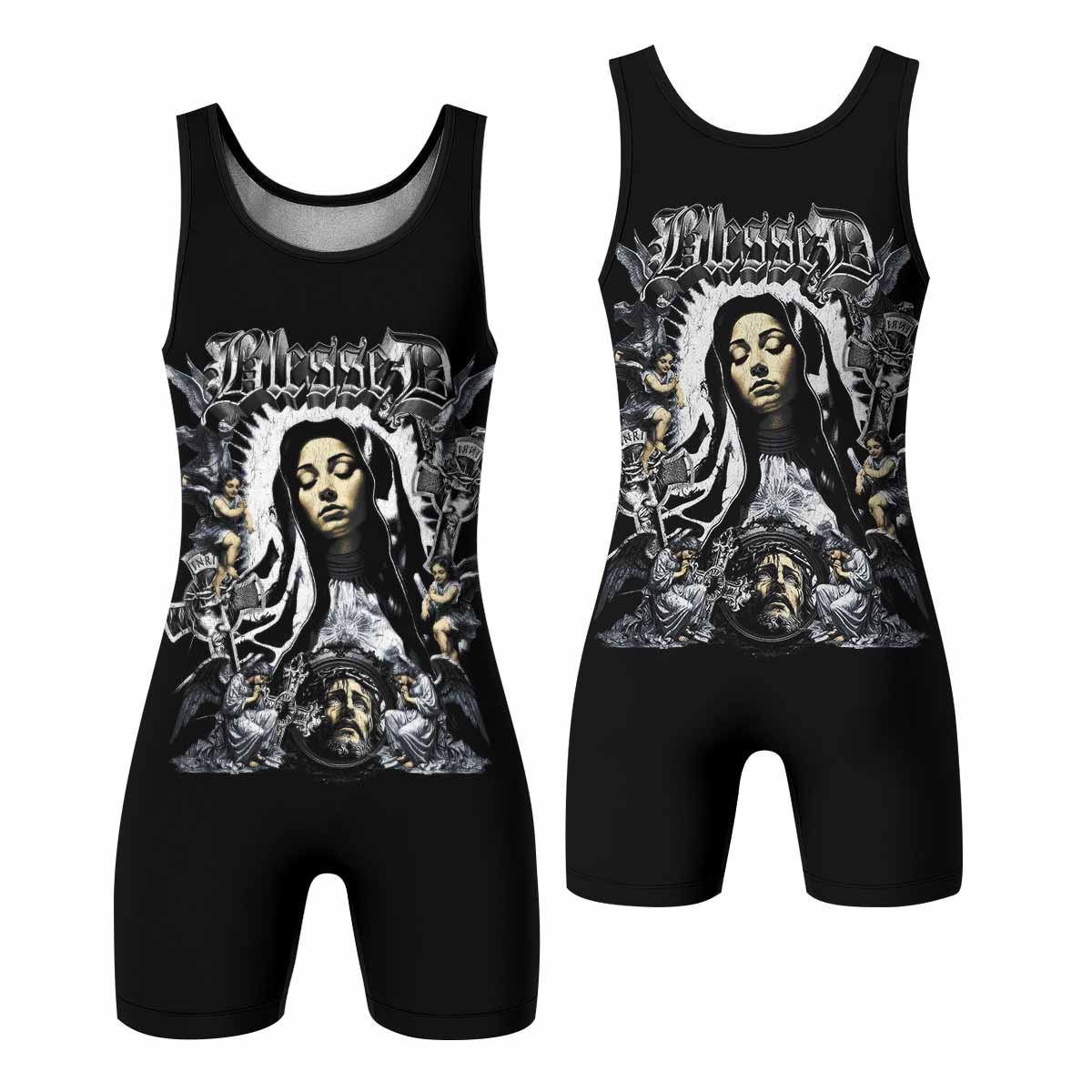 Blessed Saint Wrestling Singlet – front and back view