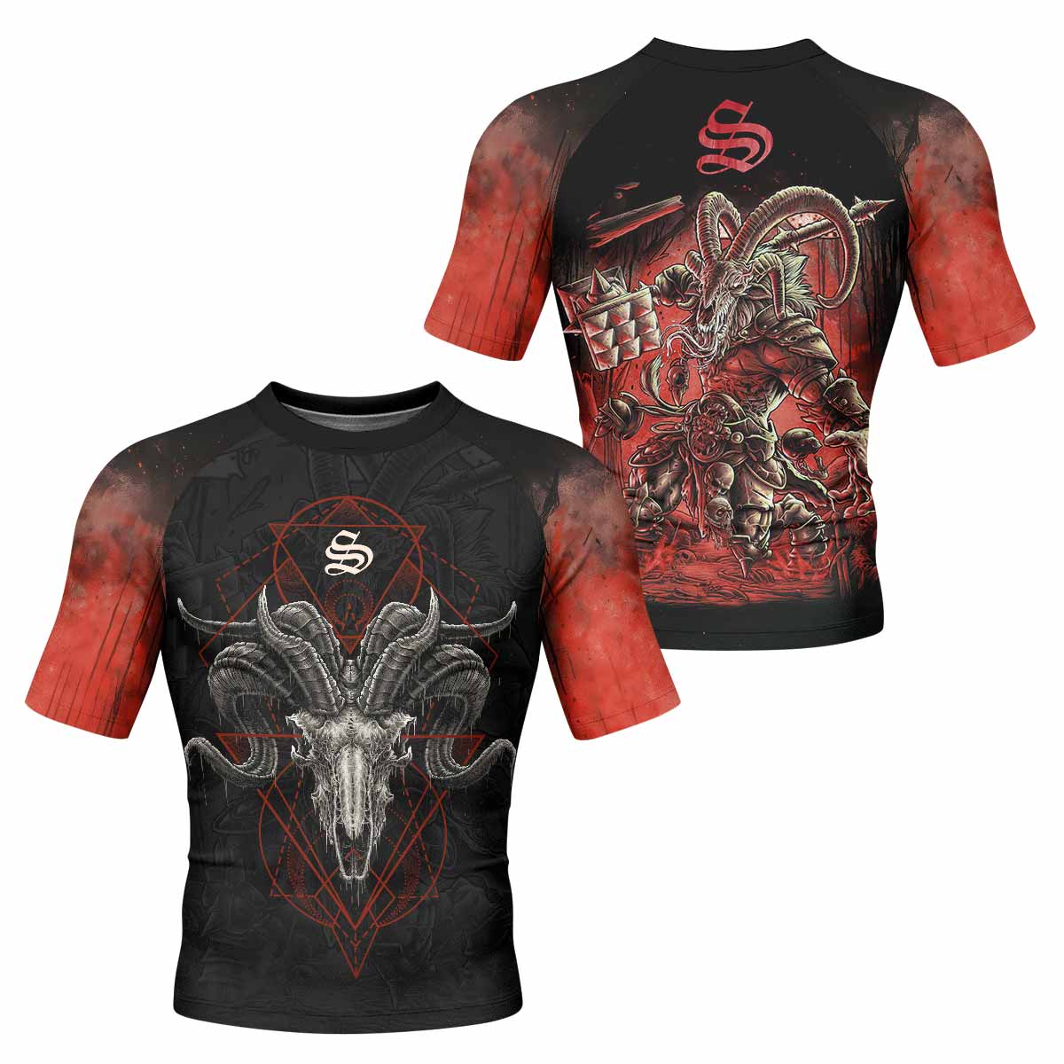 Dark Ram Warlord Men's Rash Guard Short Sleeve - front and back view