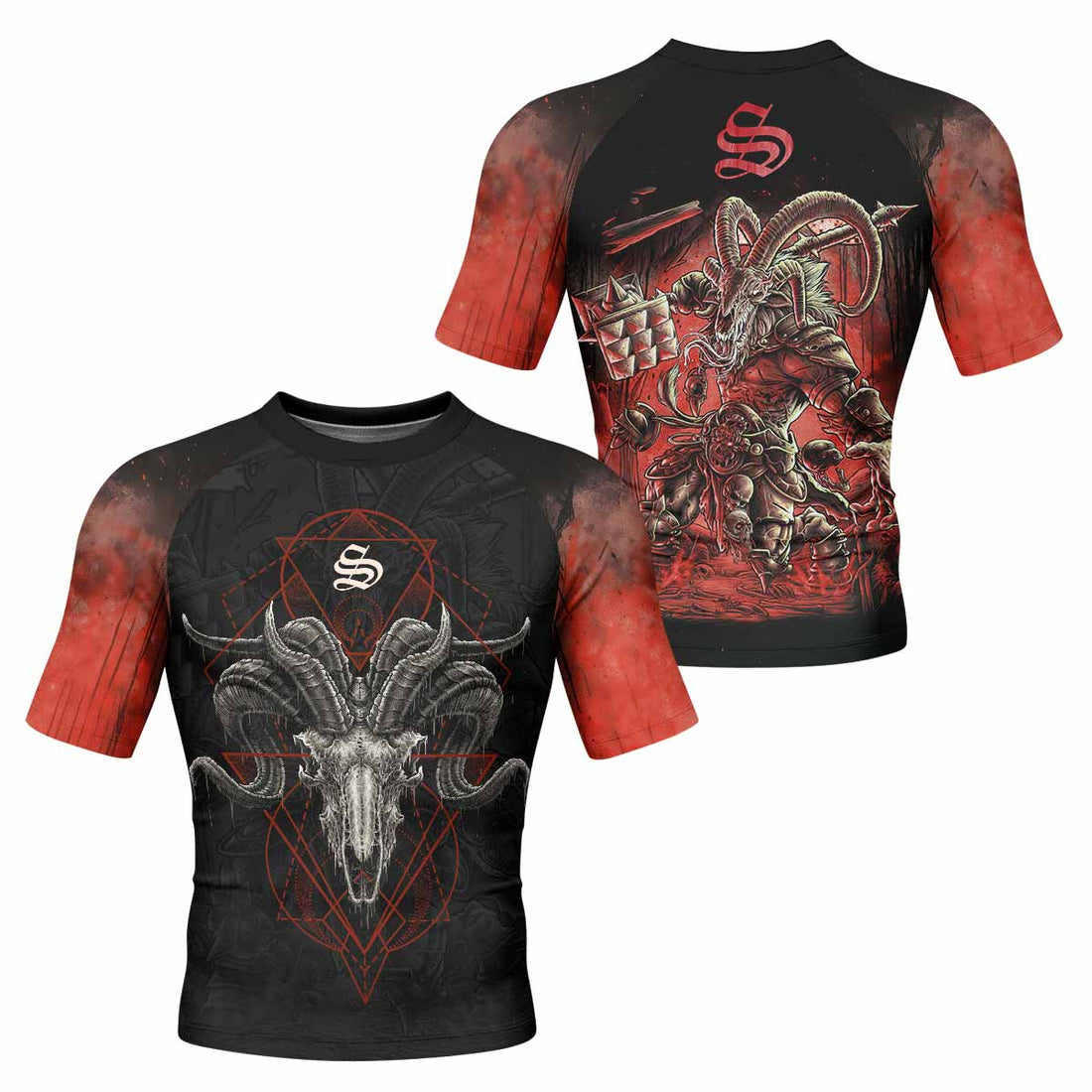 Dark Ram Warlord Men's Rash Guard Short Sleeve - front and back view