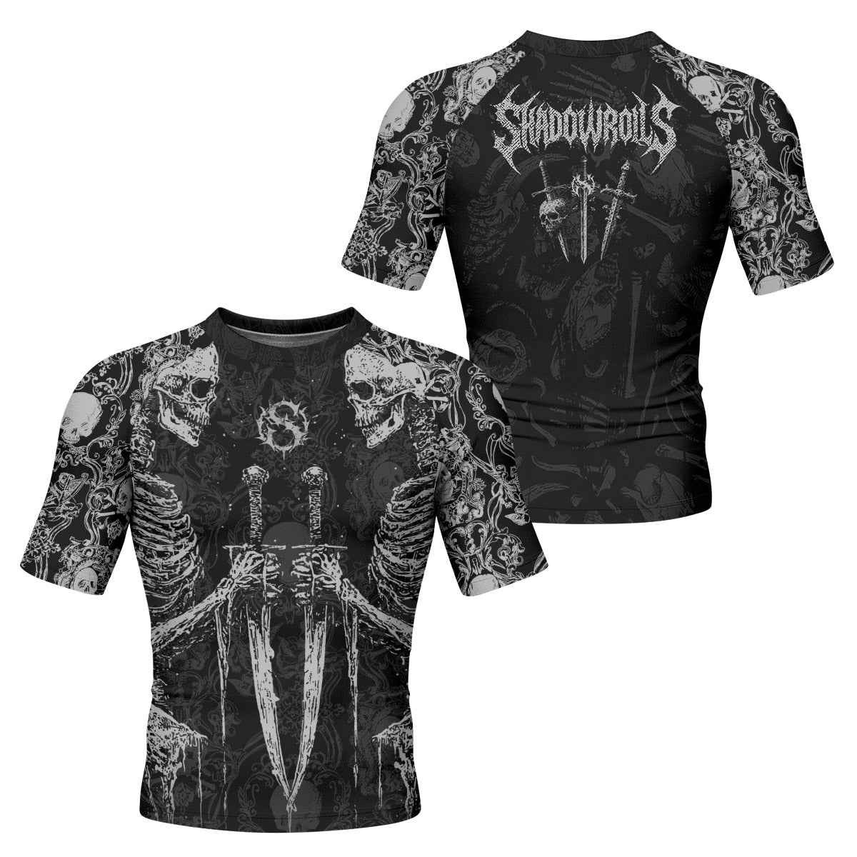 Bone Reaper Men’s Short Sleeve Rash Guard - front and back view