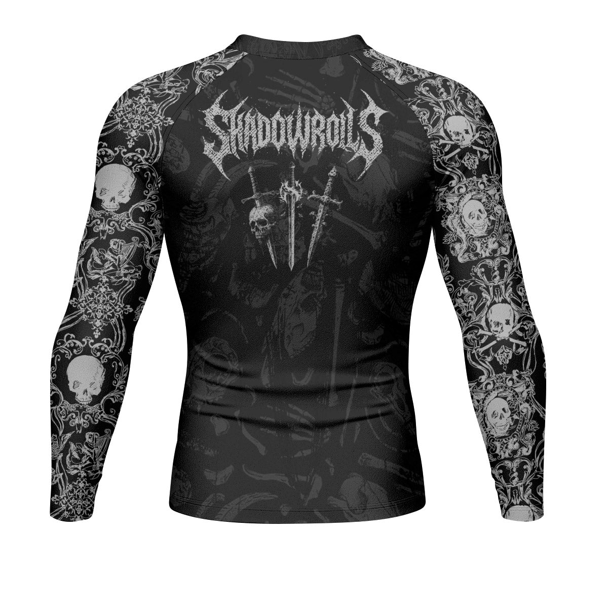 Bone Reaper Men’s Long Sleeve Rash Guard - back view mockup