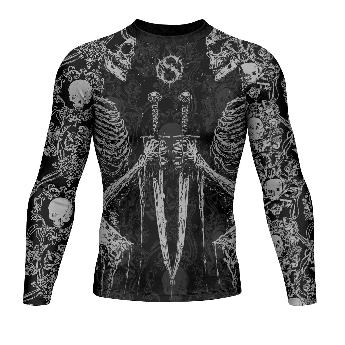 Bone Reaper Men’s Long Sleeve Rash Guard - front view mockup