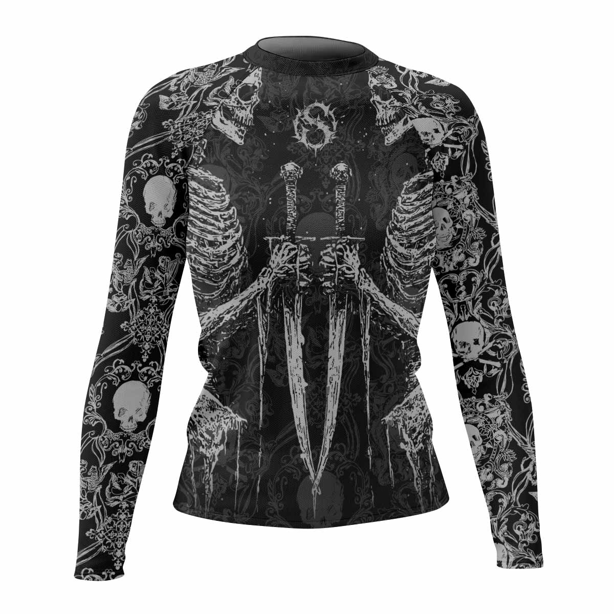 Bone Reaper Women’s Long Sleeve Rash Guard - front view mockup