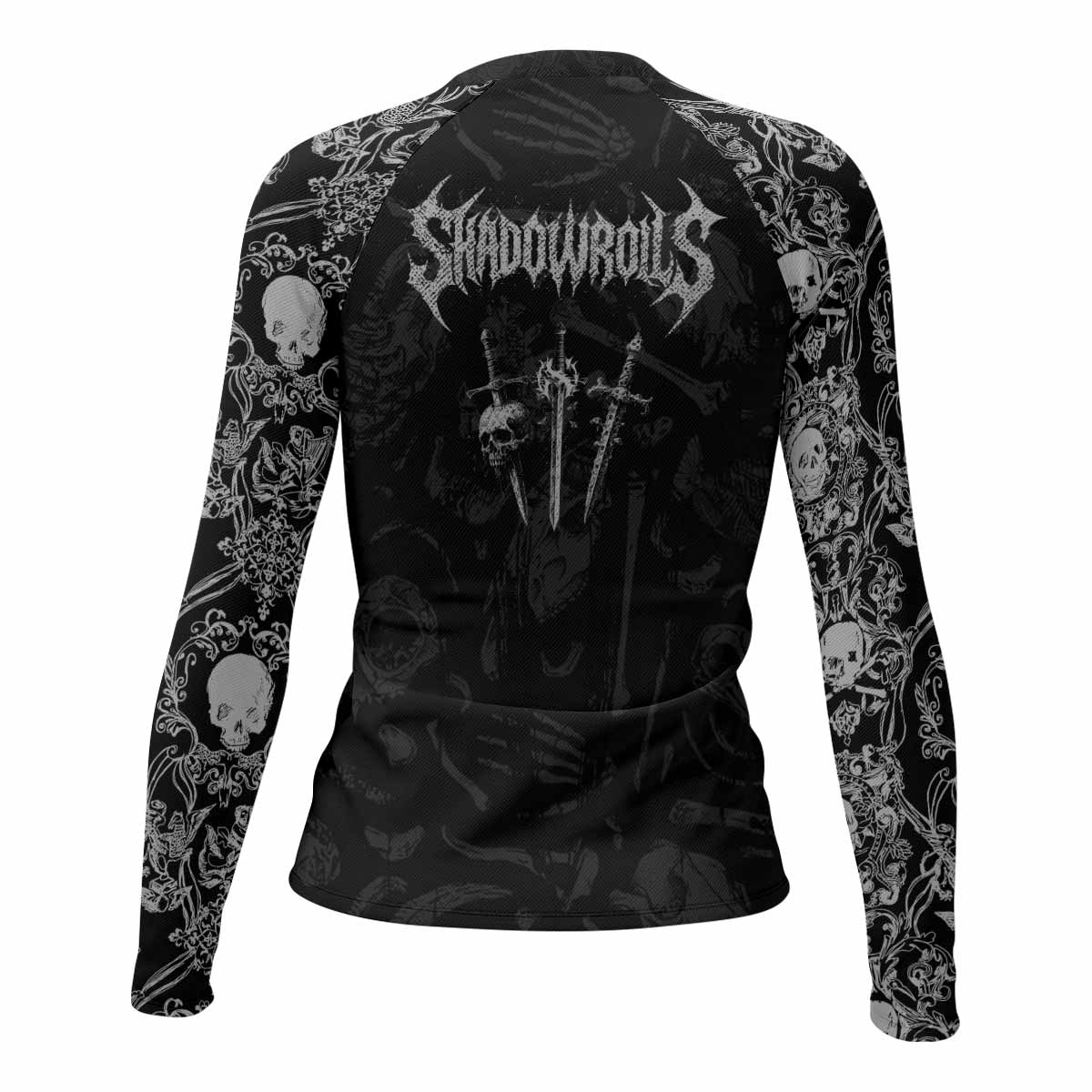 Bone Reaper Women’s Long Sleeve Rash Guard - back view mockup