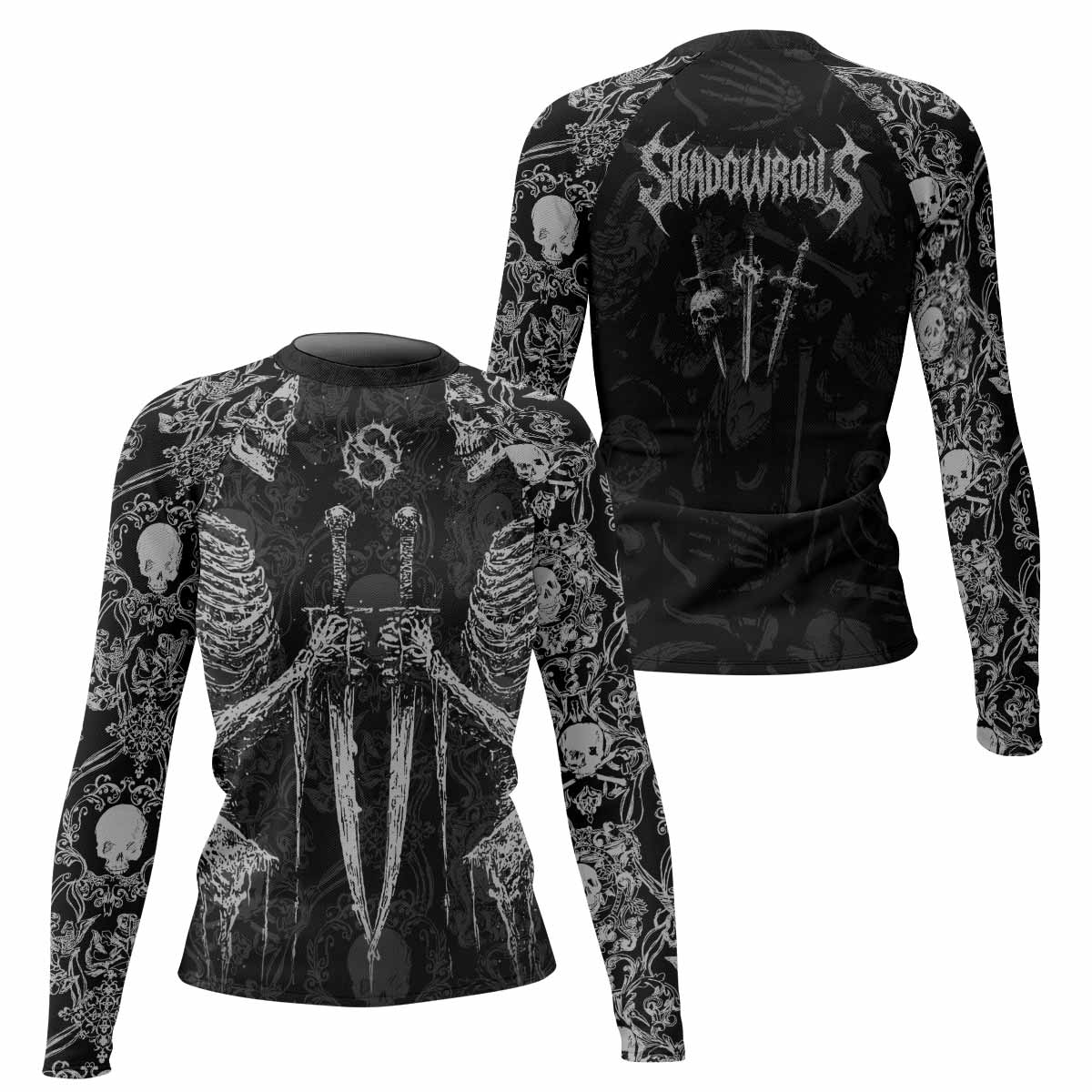 Bone Reaper Women’s Long Sleeve Rash Guard - front and back view