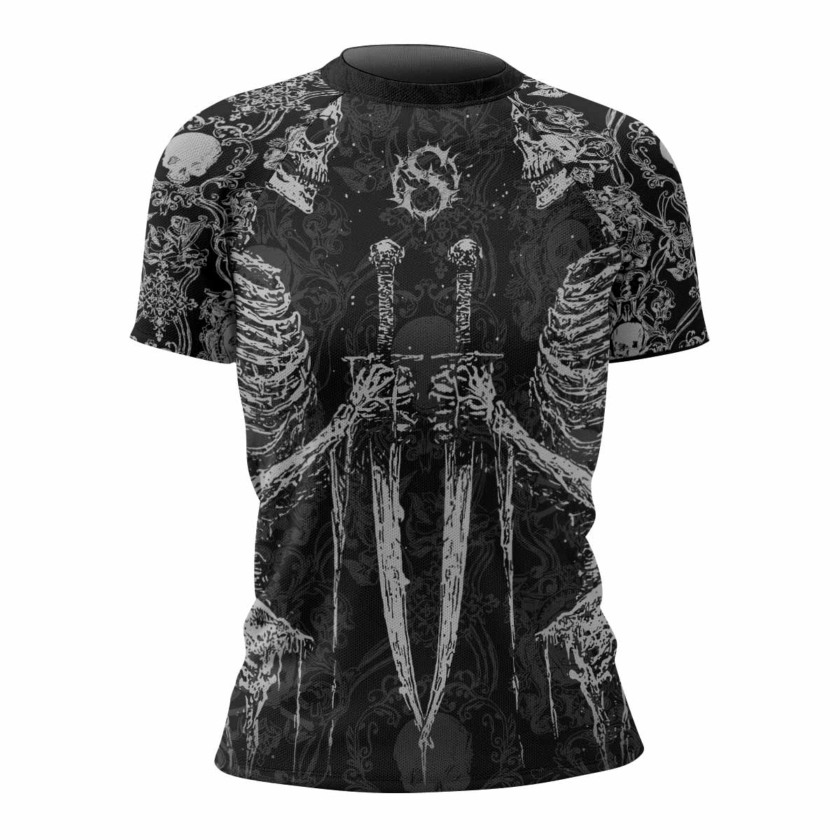 Bone Reaper Women’s Short Sleeve Rash Guard - front view mockup