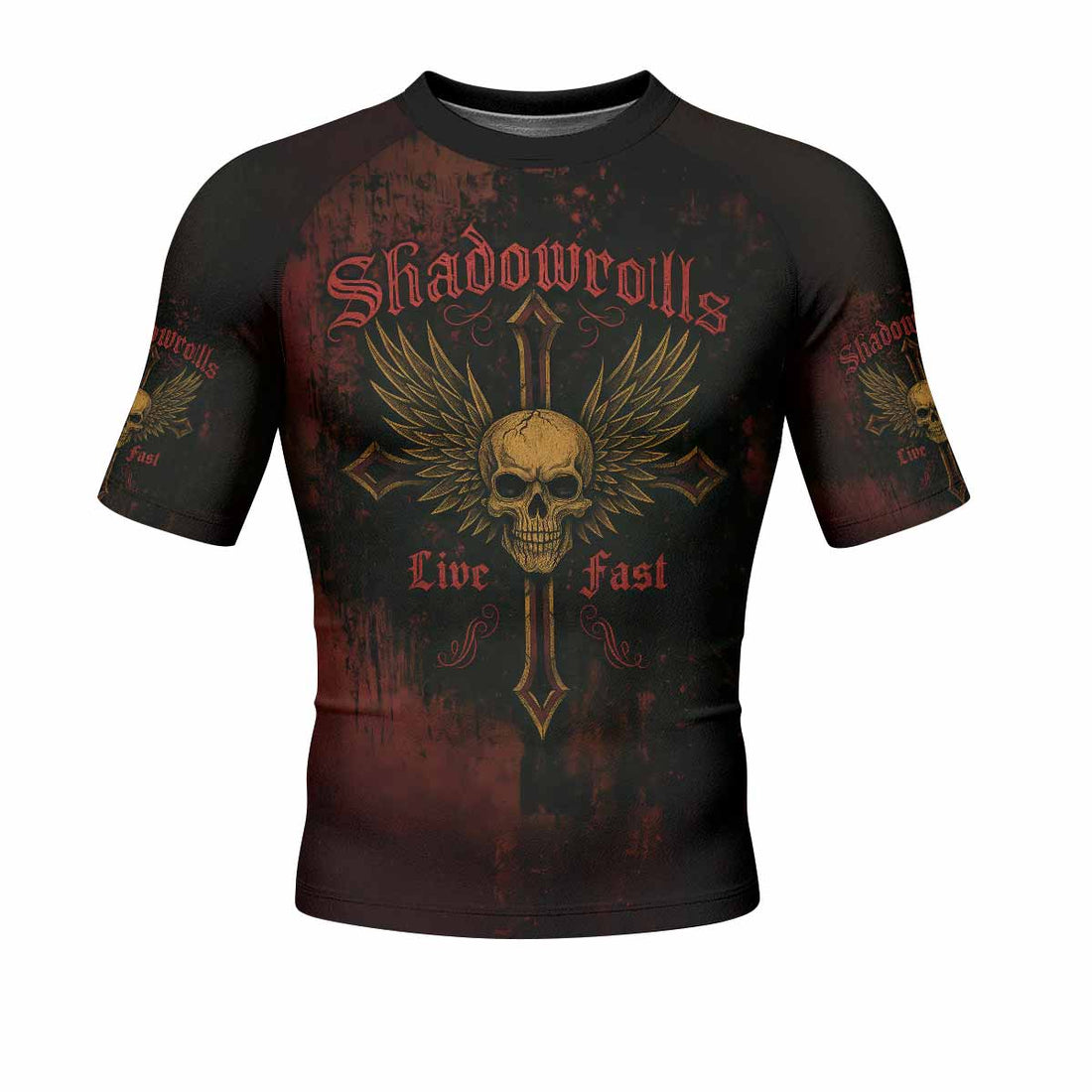 Burning Cross Rebellion Men's Rash Guard Short Sleeve - front and back view