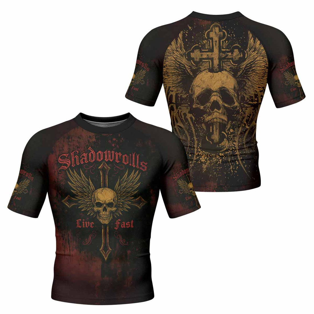 Burning Cross Rebellion Men's Rash Guard Short Sleeve - front and back view