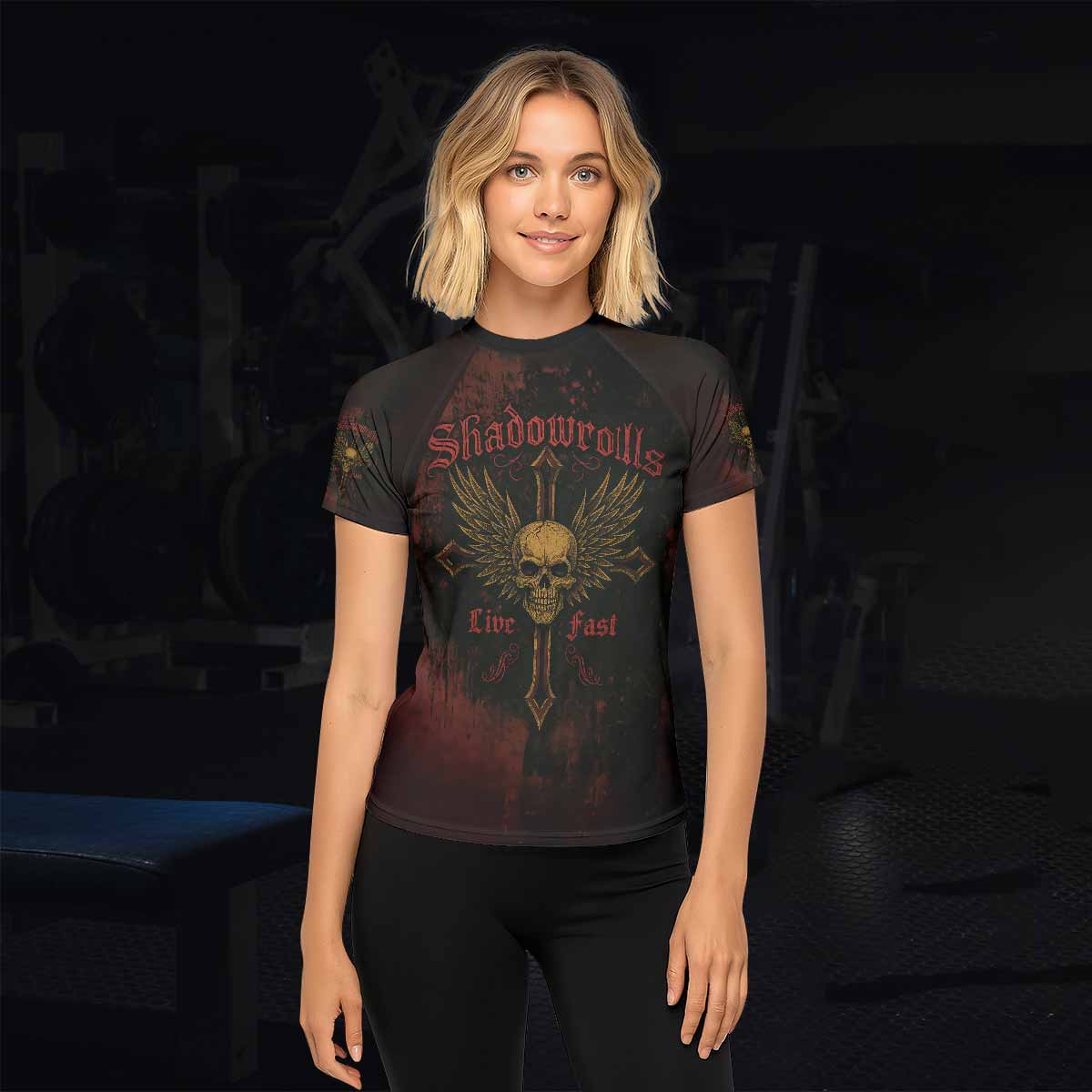Burning Cross Rebellion Women's Rash Guard Short Sleeve - lifestyle view