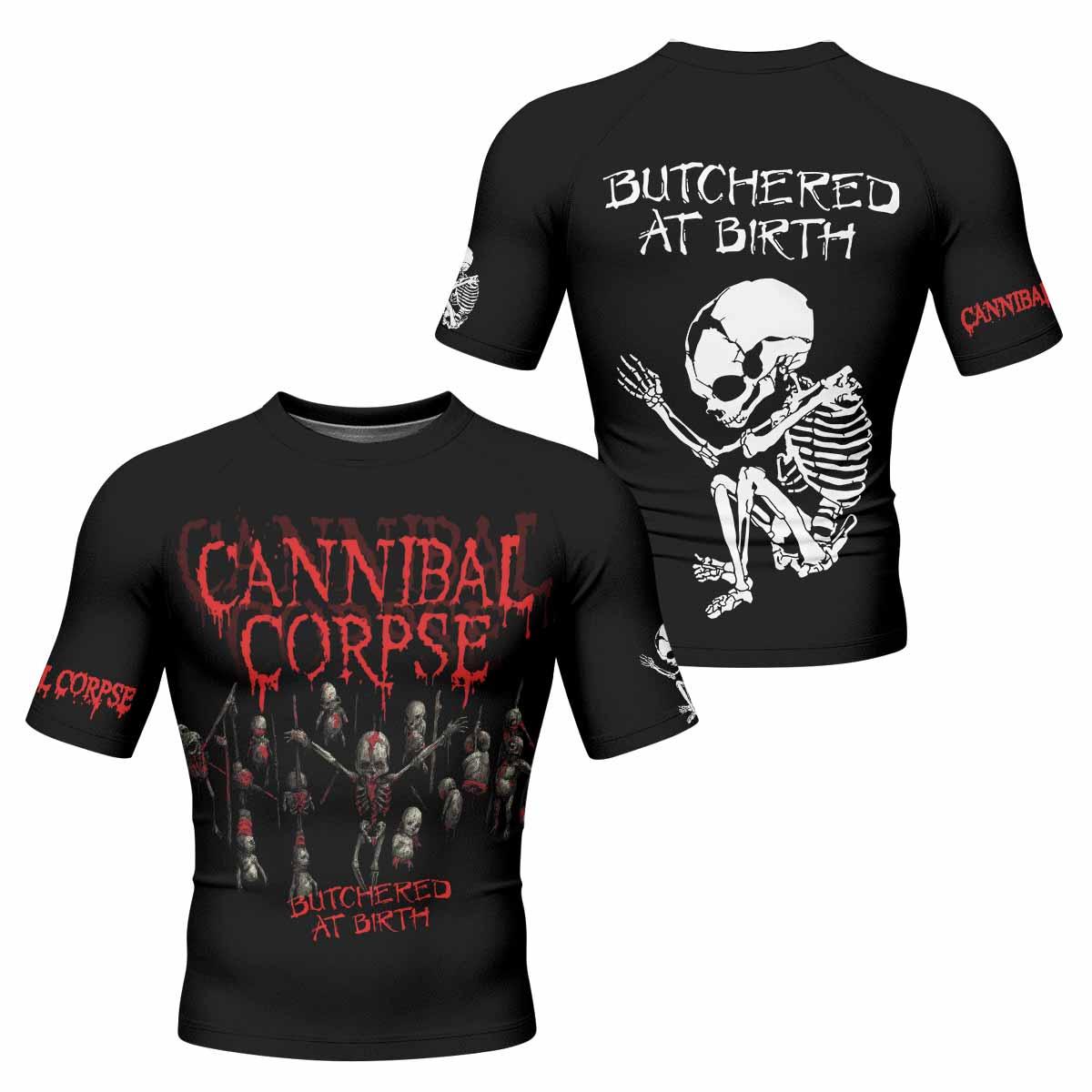 Butchered at Birth Men's Rash Guard Short Sleeve - front and back view
