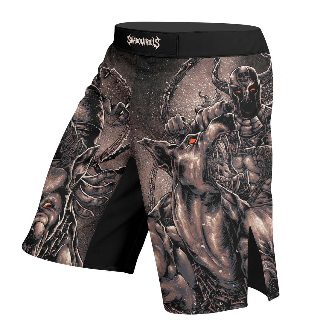 Cerberus Unleashed Fight Shorts – right side mockup