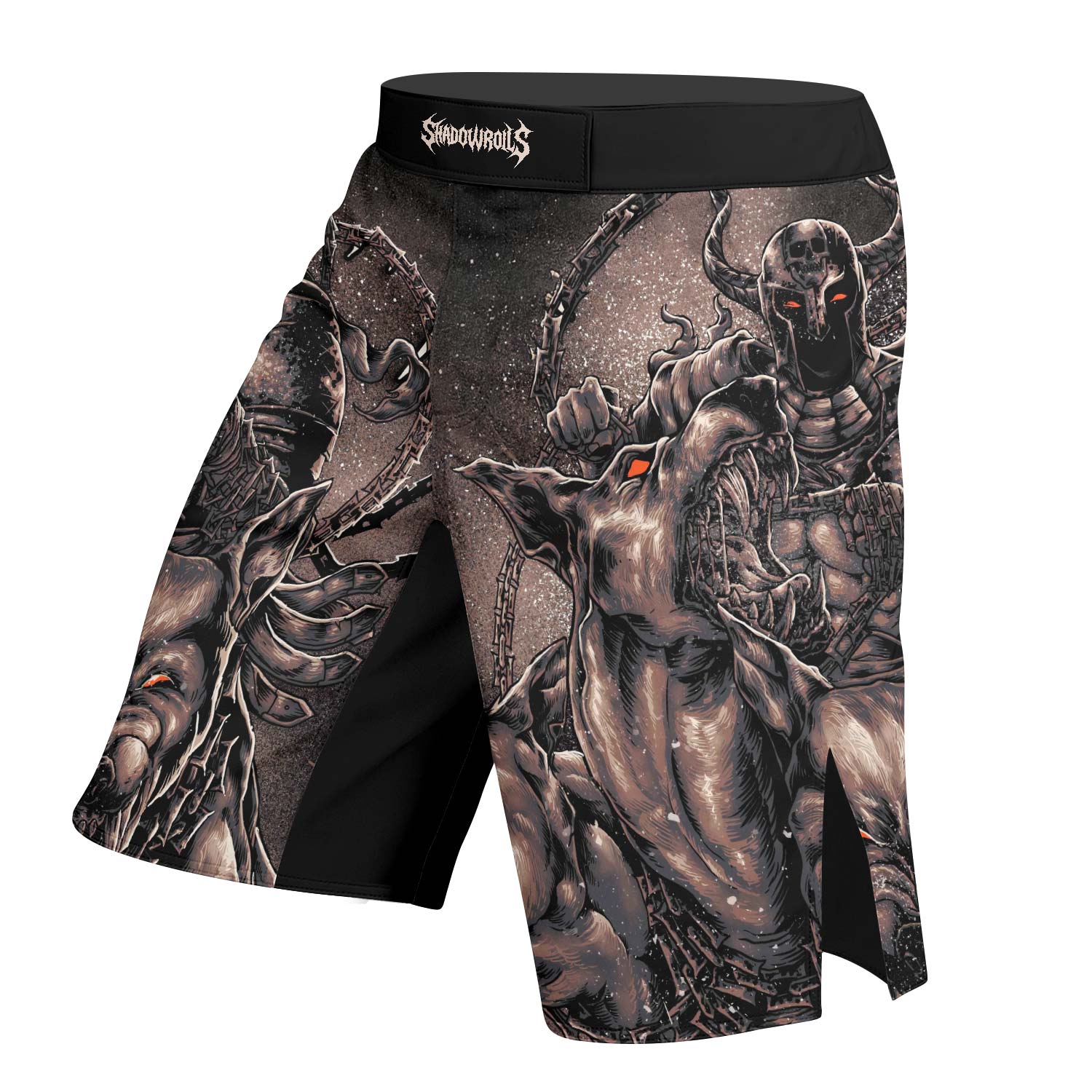 Cerberus Unleashed Fight Shorts – left side mockup