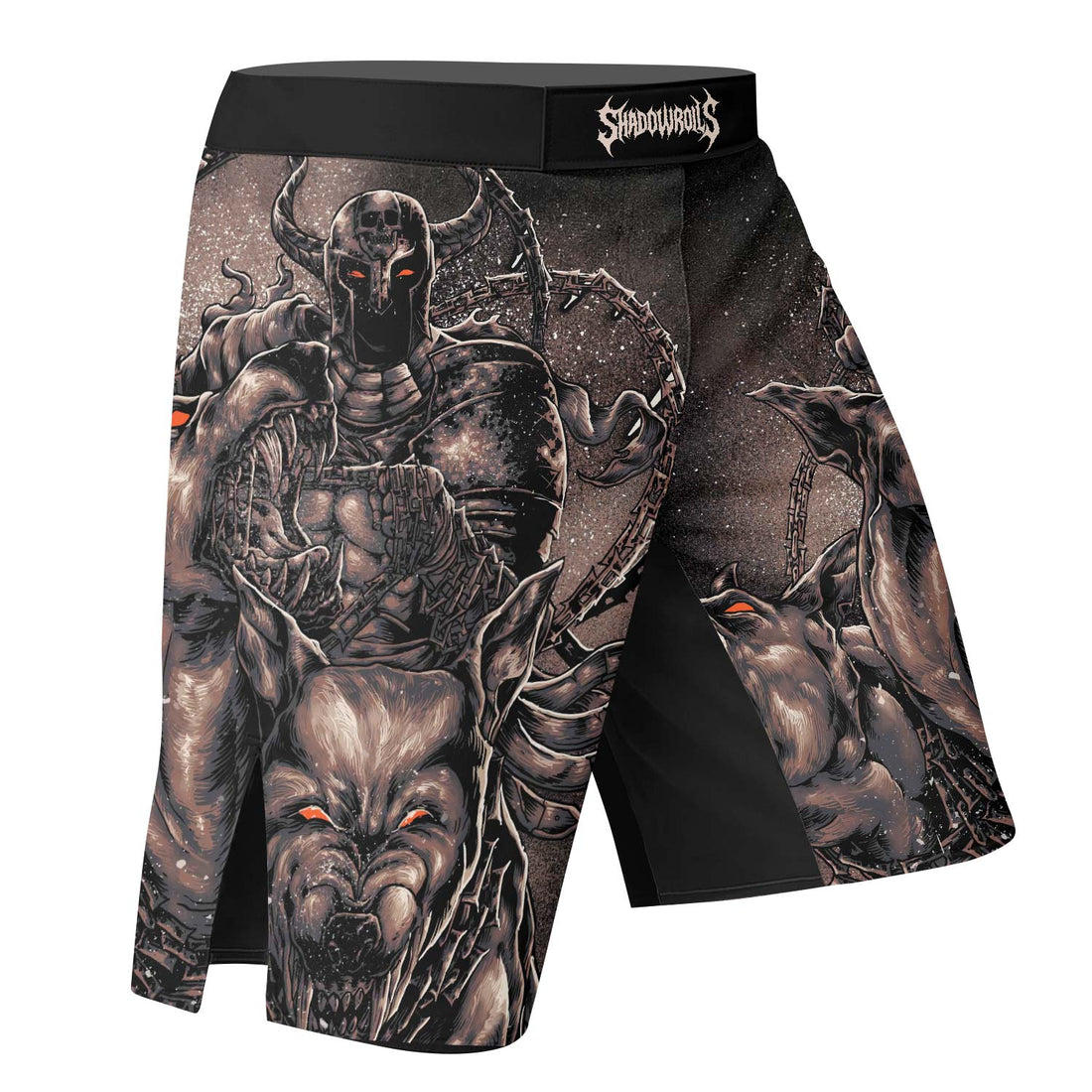 Cerberus Unleashed Fight Shorts – right side mockup