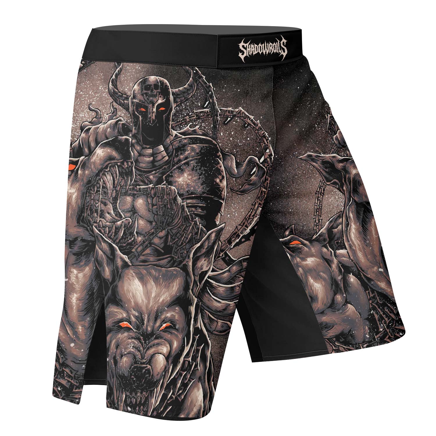 Cerberus Unleashed Fight Shorts – right side mockup