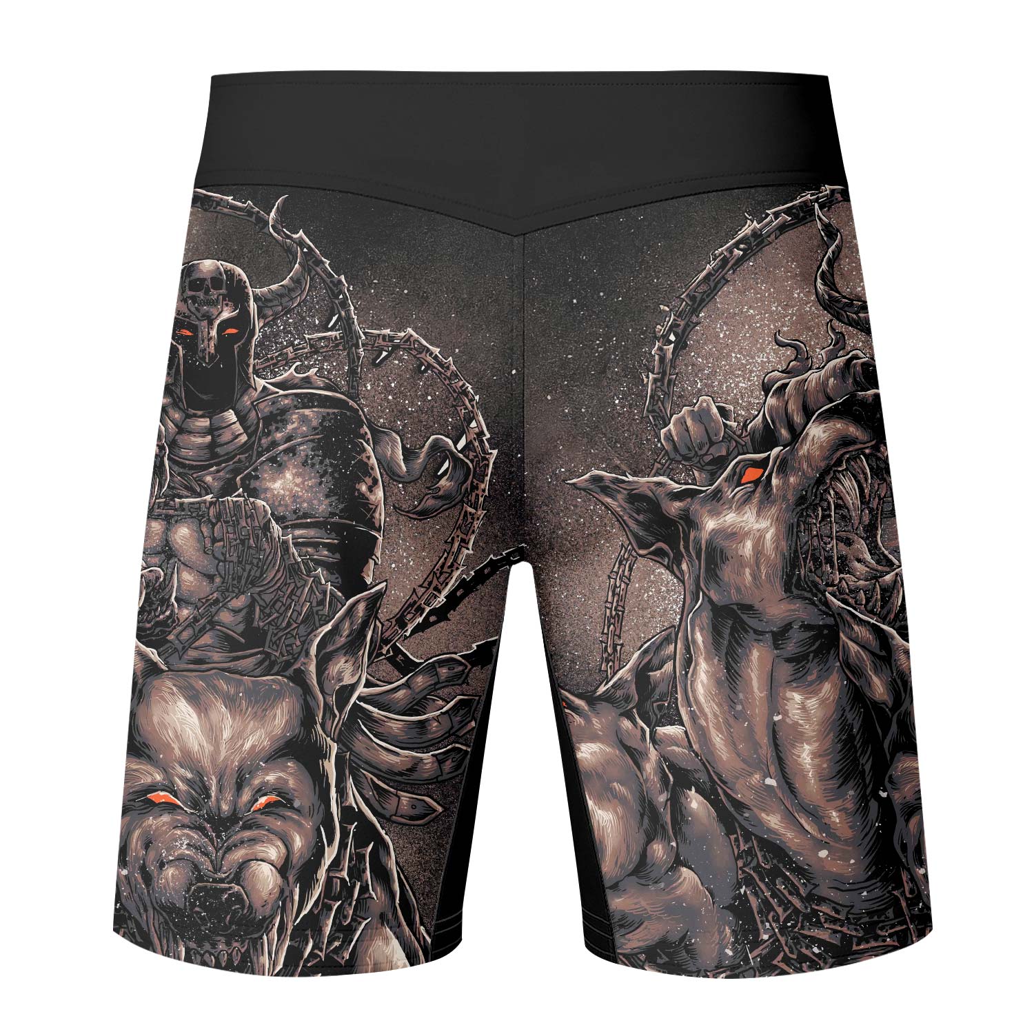 Cerberus Unleashed Fight Shorts – back view mockup