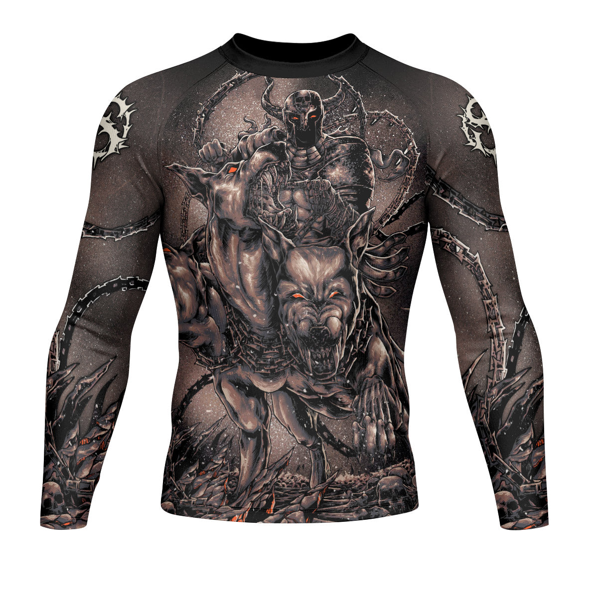 Cerberus Unleashed Men's Rash Guard Long Sleeve – front view mockup 