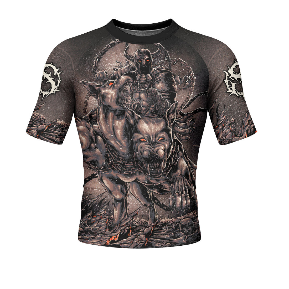 Cerberus Unleashed Men's Rash Guard Short Sleeve – front and back view