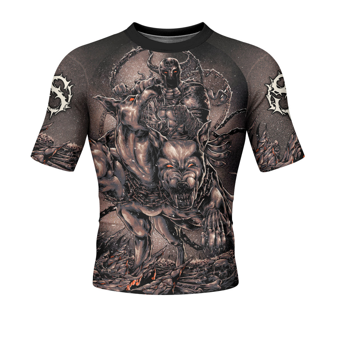 Cerberus Unleashed Men's Rash Guard Short Sleeve – front view mockup 