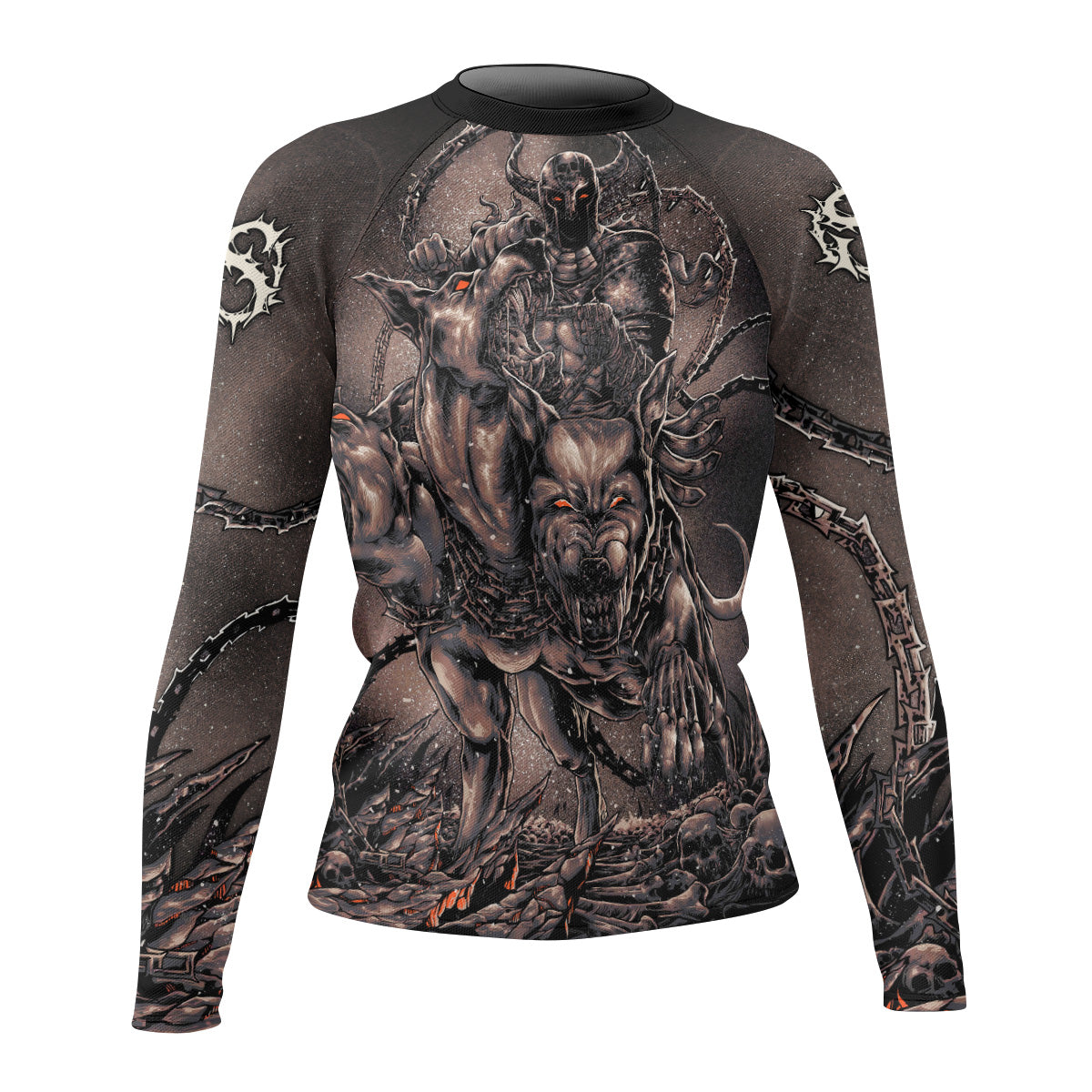 Cerberus Unleashed Women's Rash Guard Long Sleeve – front view mockup 