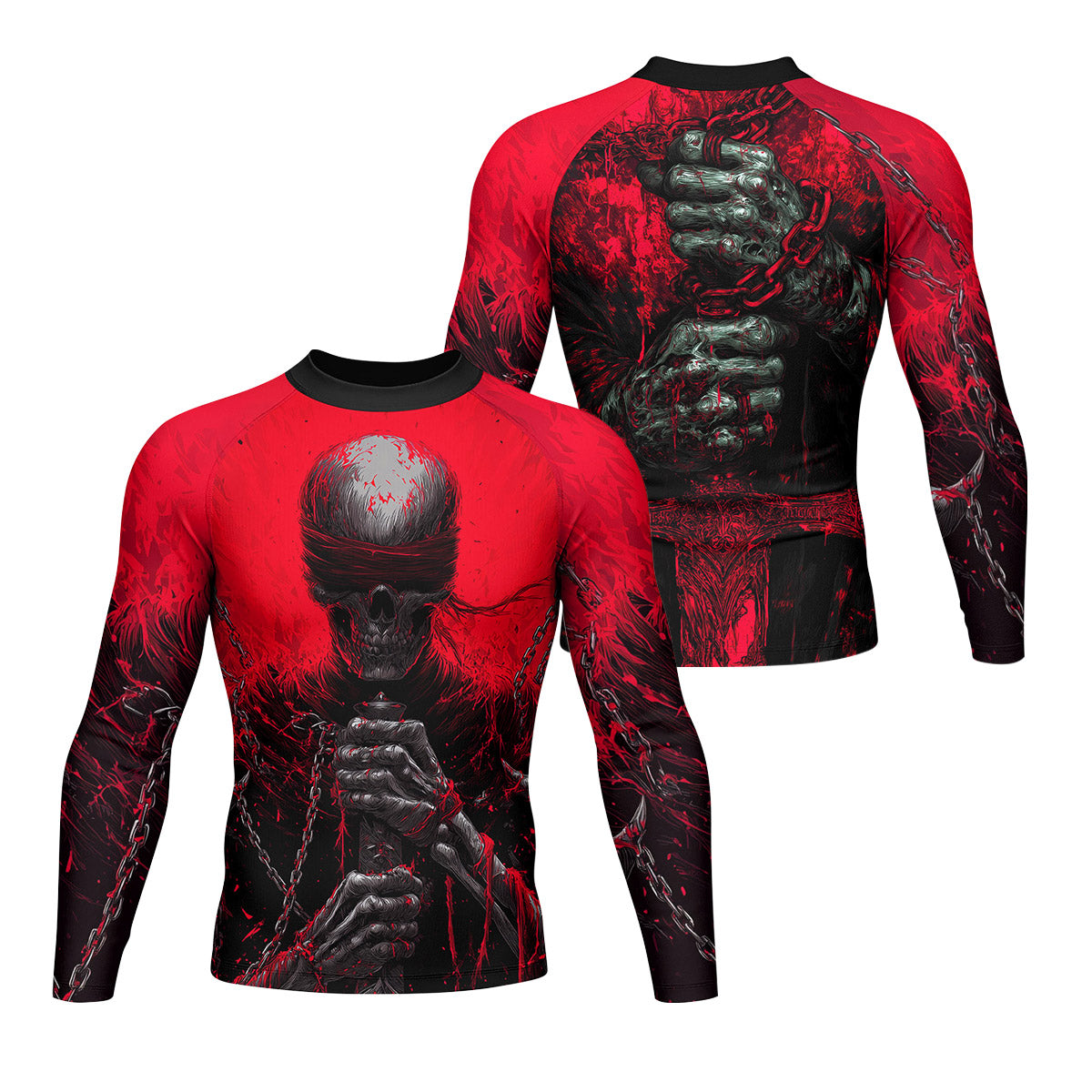 Chained Warrior Men’s Long Sleeve Rash Guard - front and back view