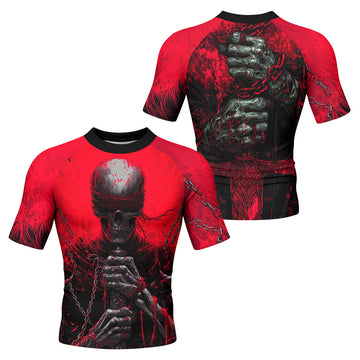 Chained Warrior Men’s Short Sleeve Rash Guard - front and back view