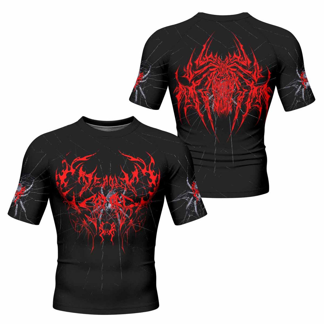 Crimson Arachnid Metal Men's Rash Guard Short Sleeve - front and back view