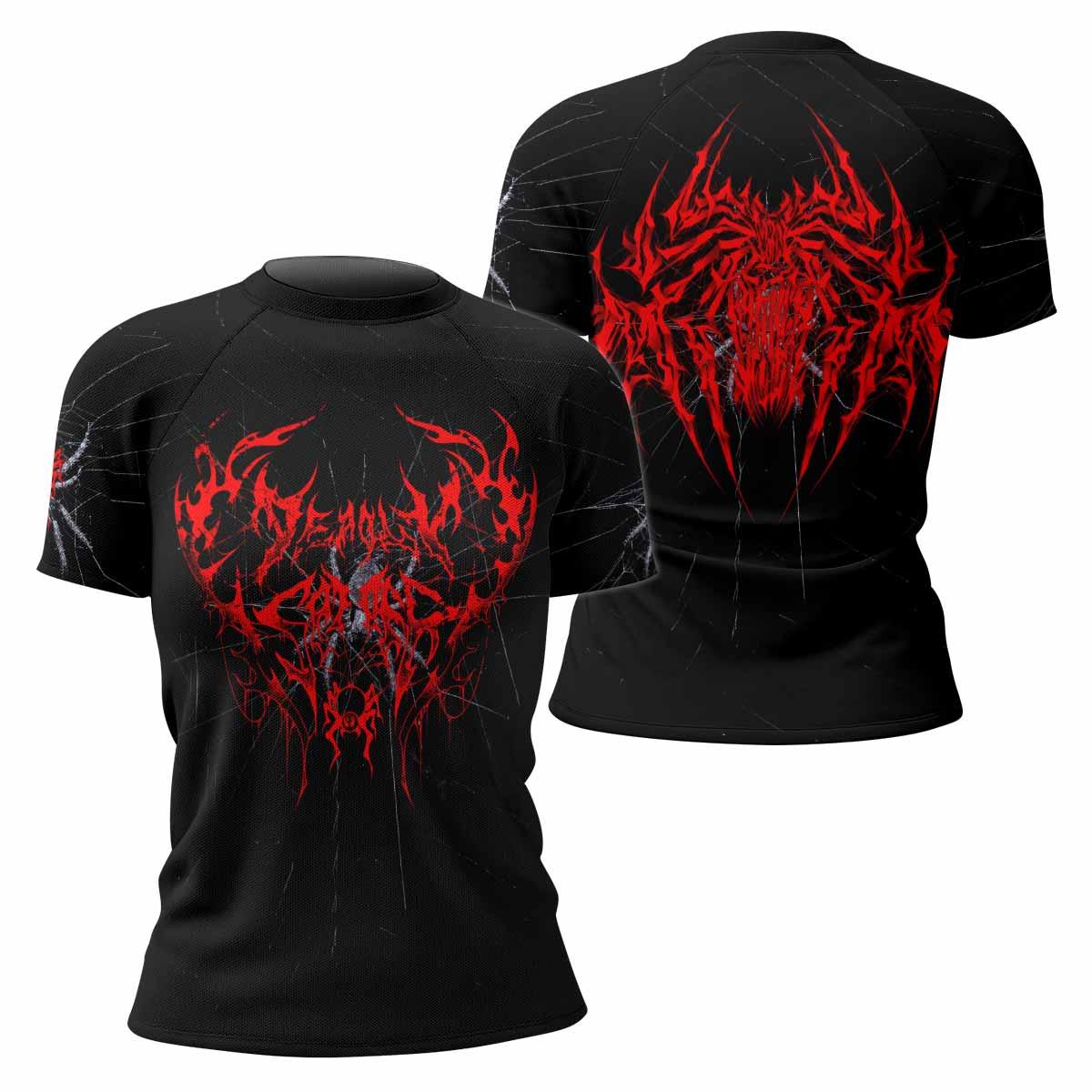 Crimson Arachnid Metal Women's Rash Guard Short Sleeve - front and back view