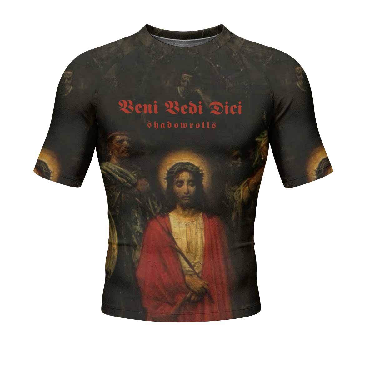 Crimson Messiah Men's Rash Guard Short Sleeve - front view mockup 