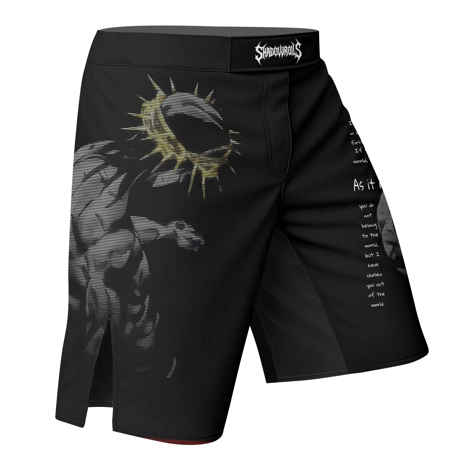 Crown of Vengeance Fight Shorts – right side mockup