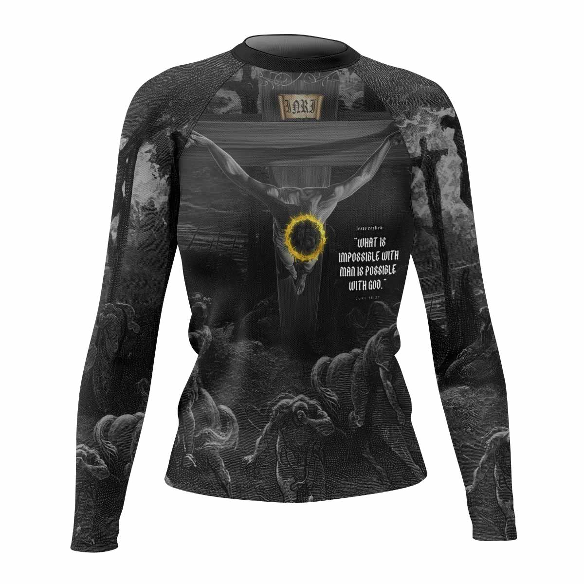 Crucified Grace Women’s Long Sleeve Rash Guard - front view mockup