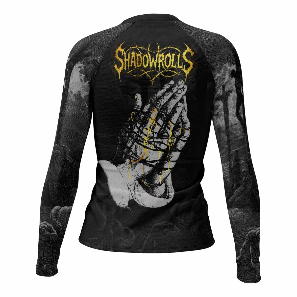Crucified Grace Women’s Long Sleeve Rash Guard - back view mockup
