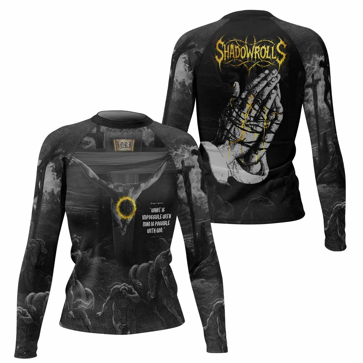 Crucified Grace Women’s Long Sleeve Rash Guard - front and back view