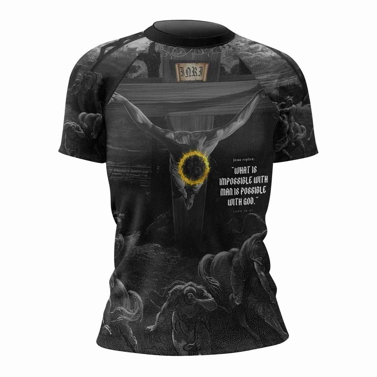 Crucified Grace Women’s Short Sleeve Rash Guard - front view mockup