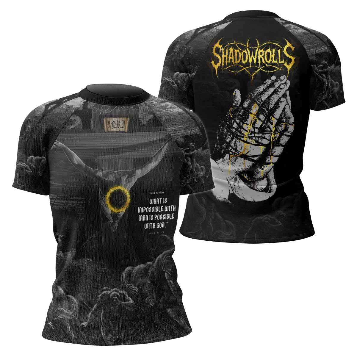 Crucified Grace Women’s Short Sleeve Rash Guard - front and back view