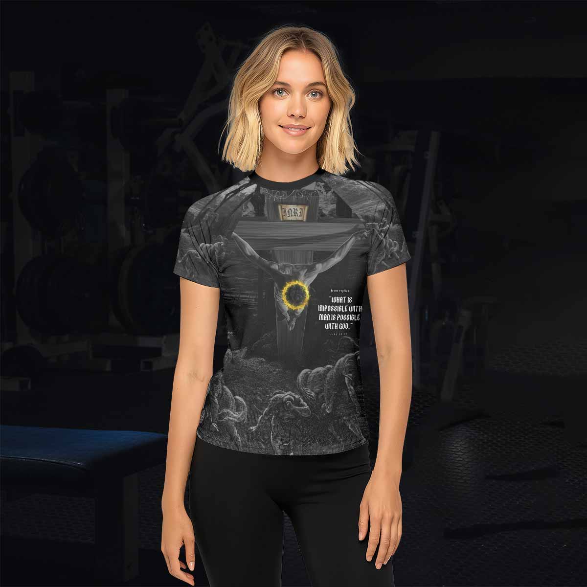 Crucified Grace Women’s Short Sleeve Rash Guard - lifestyle view
