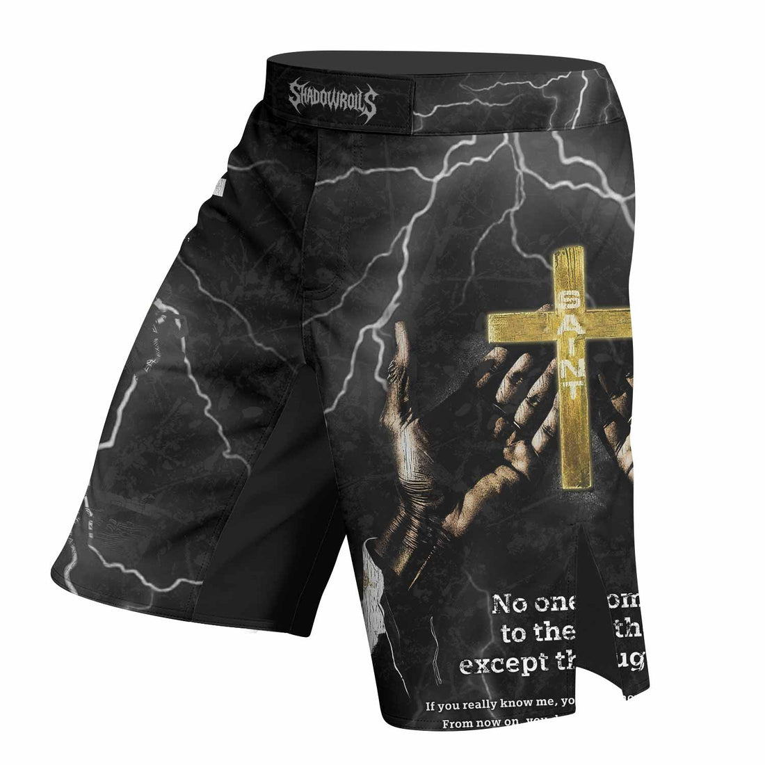 Crucified Saint Fight Shorts – right side mockup