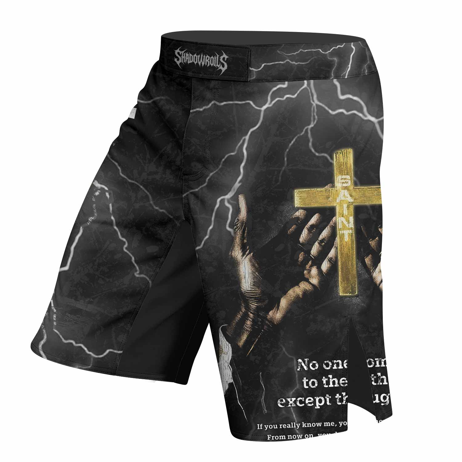 Crucified Saint Fight Shorts – left side mockup