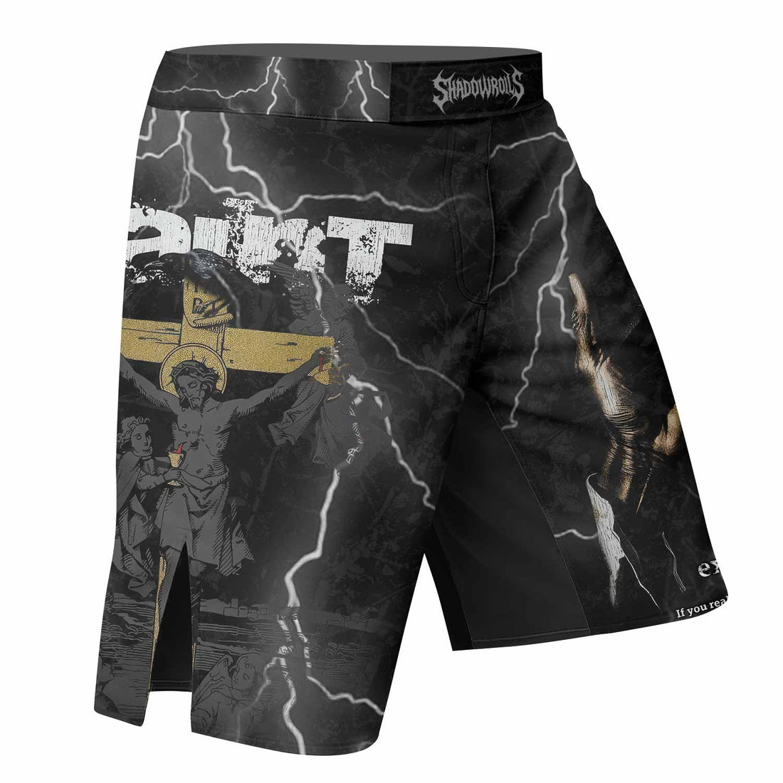 Crucified Saint Fight Shorts – right side mockup