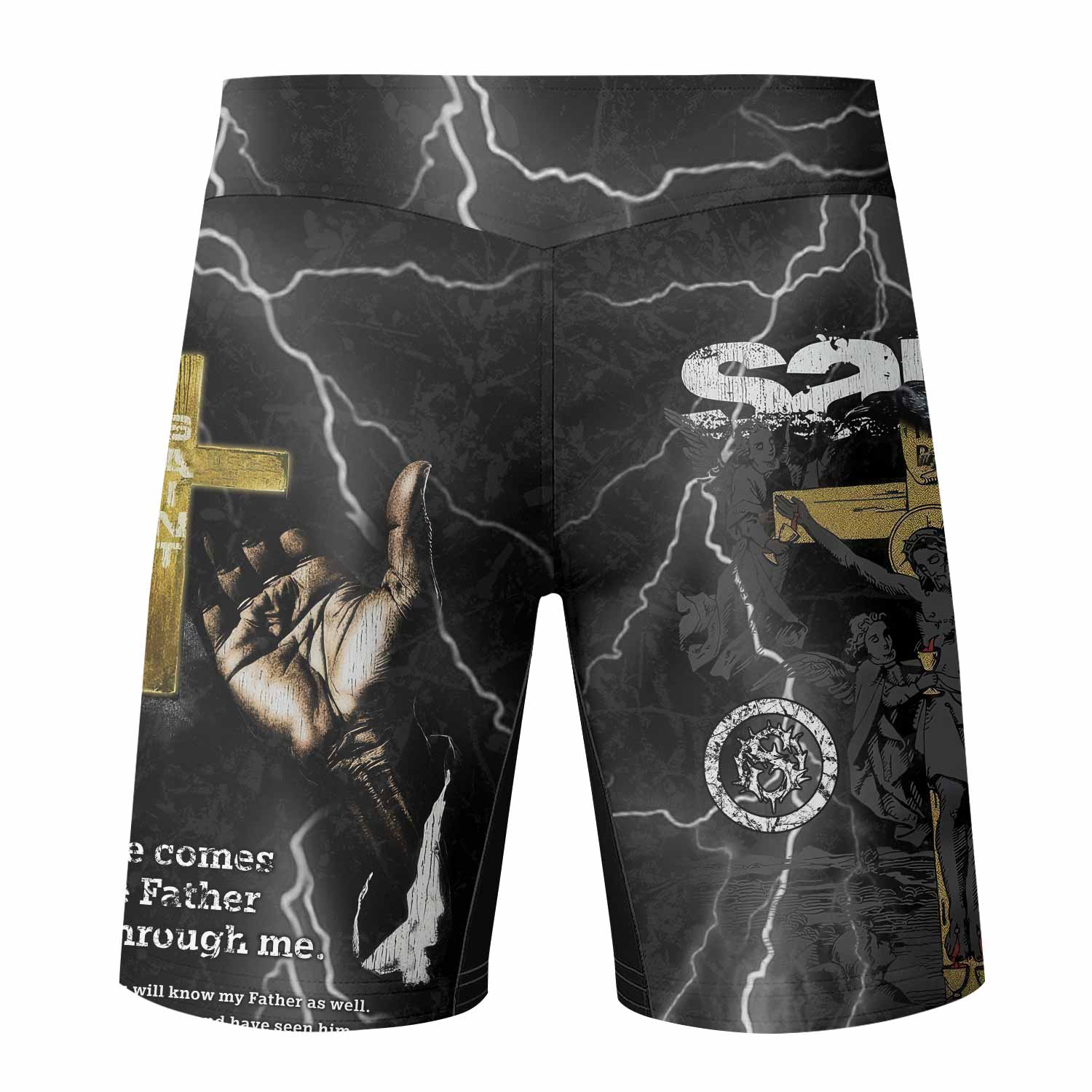 Crucified Saint Fight Shorts – back view mockup