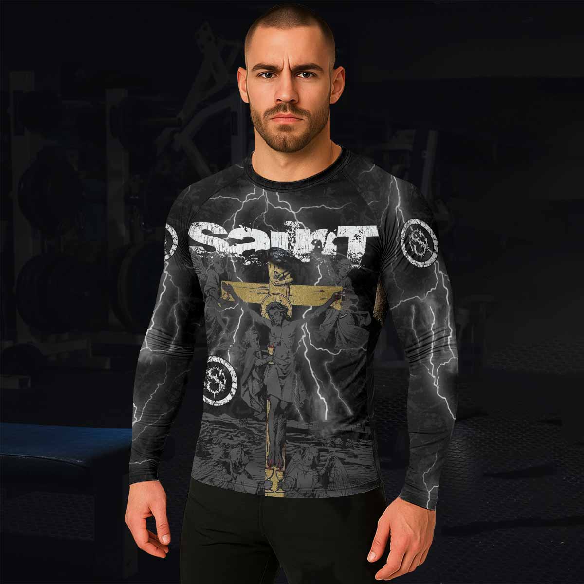 Crucified Saint Men’s Long Sleeve Rash Guard - lifestyle view
