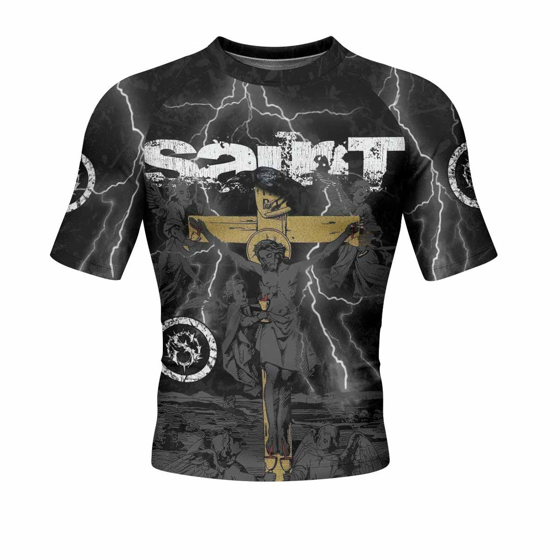 Crucified Saint Short Sleeve Rash Guard – front and back view