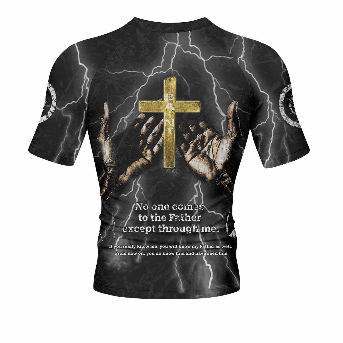 Crucified Saint Men’s Short Sleeve Rash Guard - back view mockup