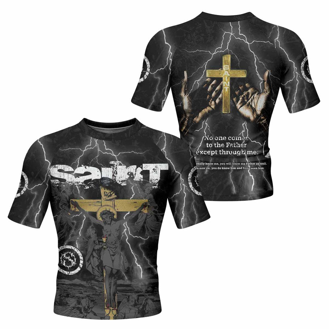 Crucified Saint Short Sleeve Rash Guard – front and back view