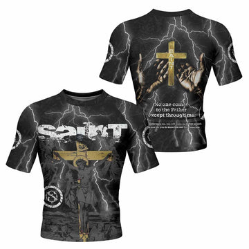 Crucified Saint Men’s Short Sleeve Rash Guard - front and back view