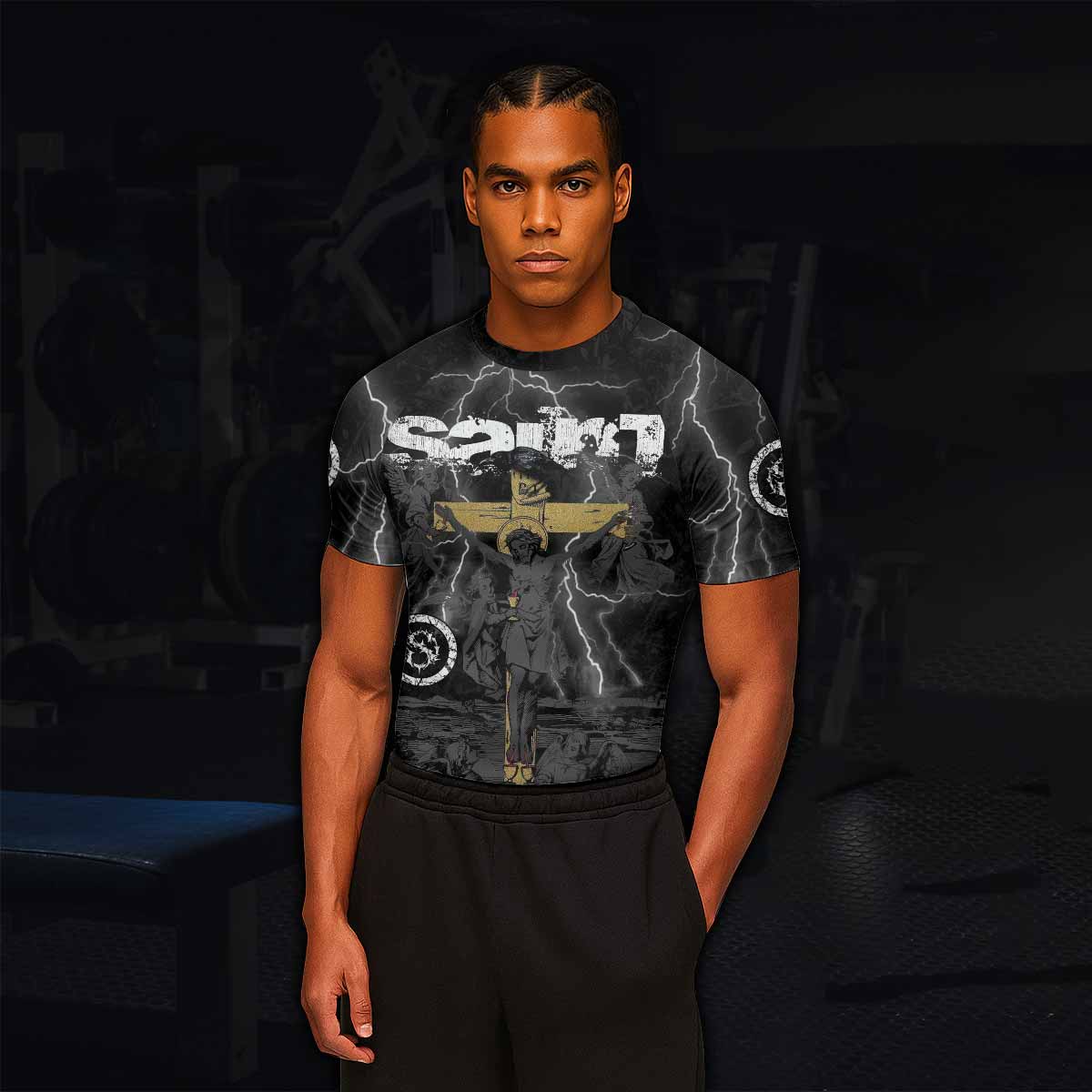 Crucified Saint Men’s Short Sleeve Rash Guard - lifestyle view