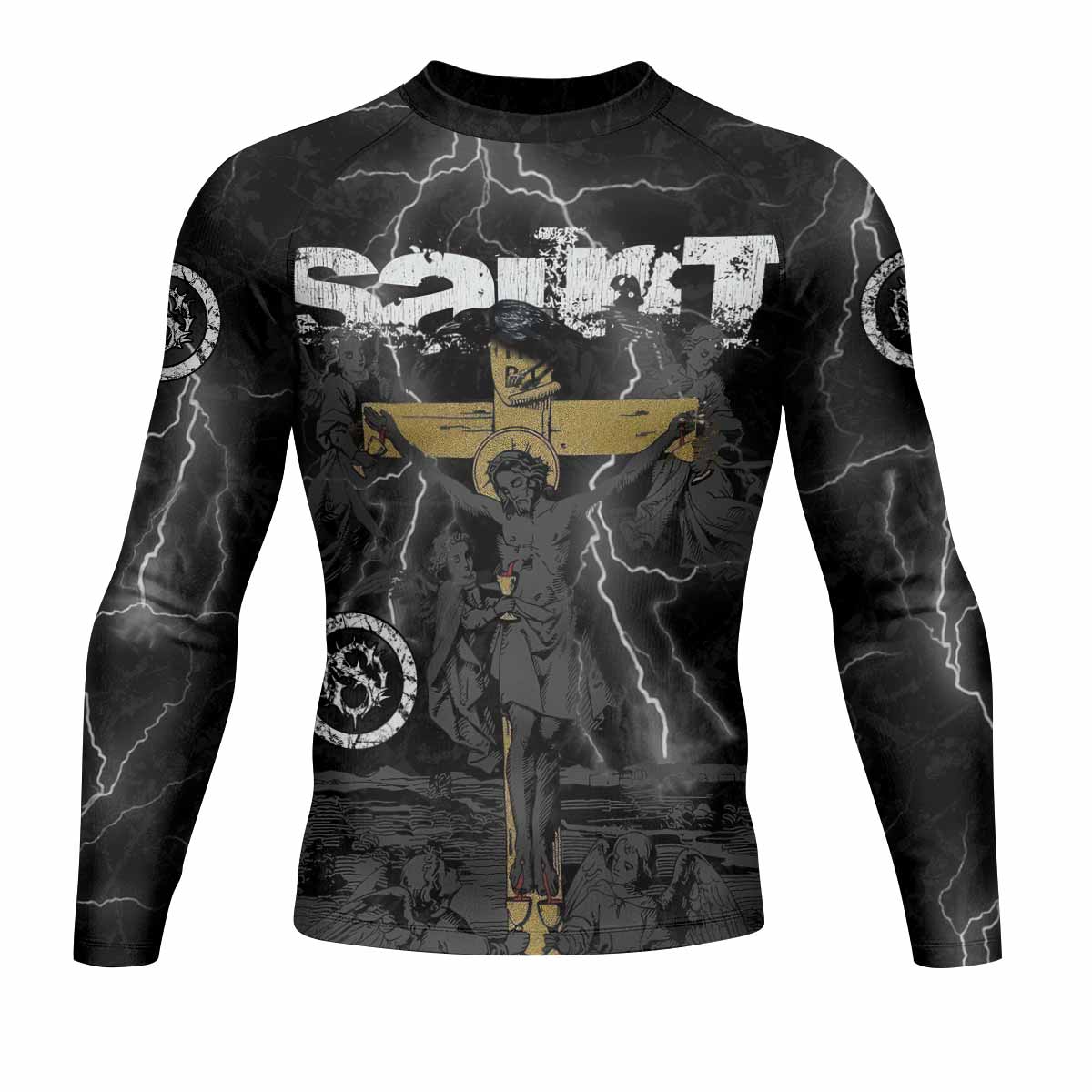 Crucified Saint Men’s Long Sleeve Rash Guard - front view mockup