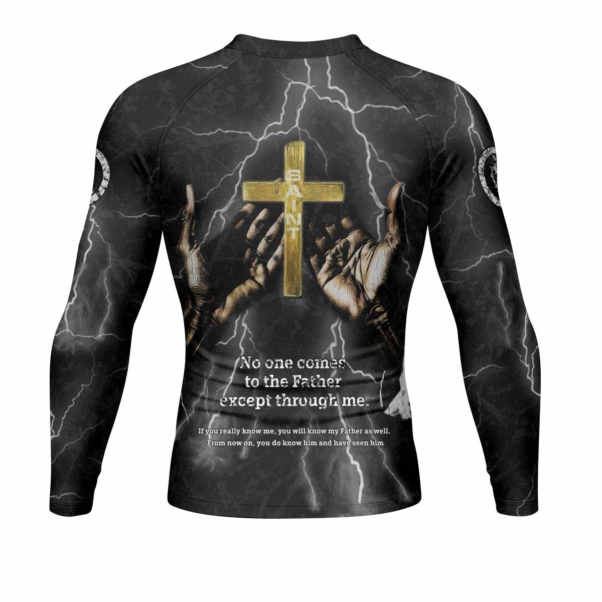 Crucified Saint Men’s Long Sleeve Rash Guard - back view mockup