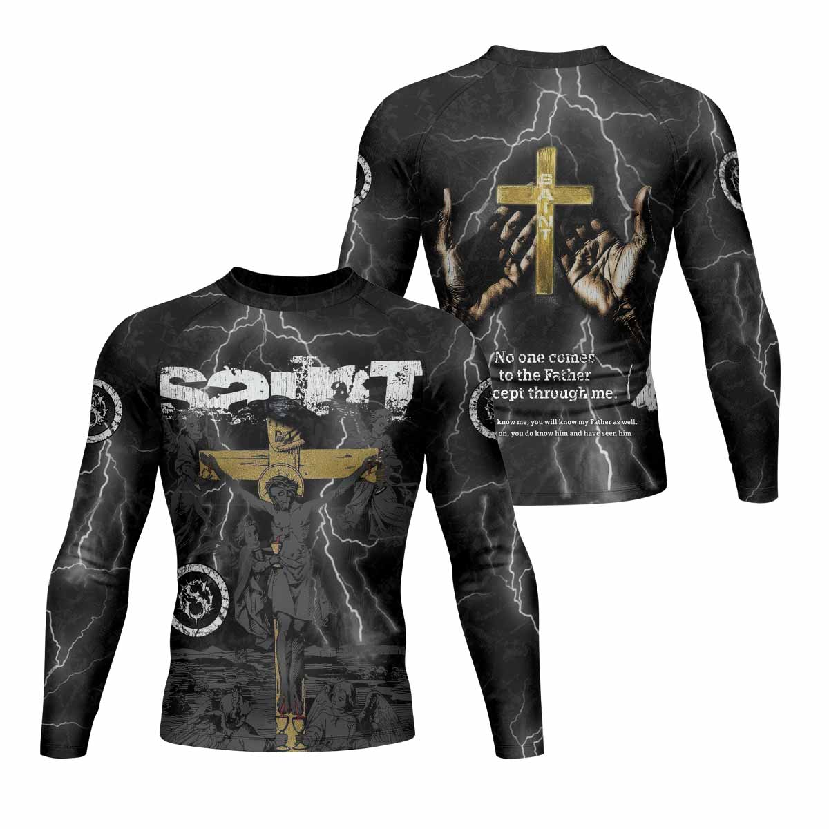 Crucified Saint Men’s Long Sleeve Rash Guard - front and back view